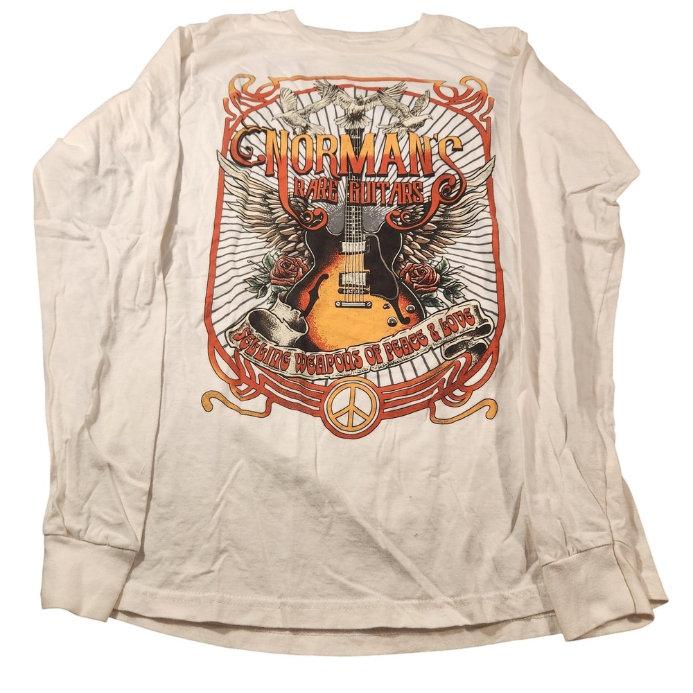 Normans Rare Guitars Shirt Mens Small White Long Sleeve Graphic Rock Music Tee